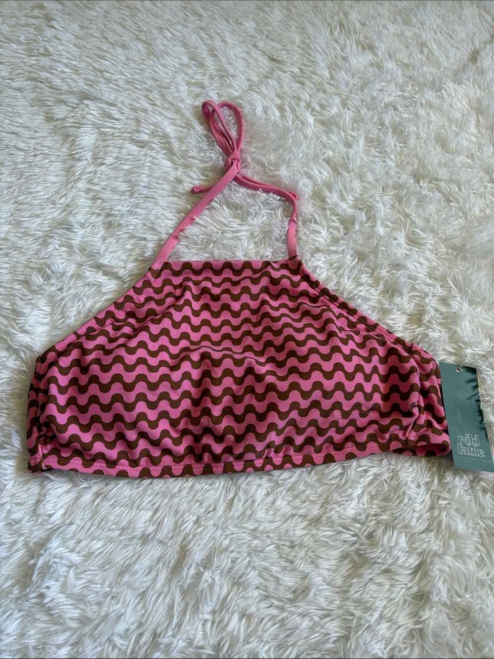 NWT Wild Fable Pink And Brown Printed Wave Pattern High Neck Swim Top Size L